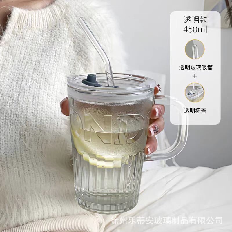 高颜值玻璃杯带盖子吸管便携杯子女喝水杯大容量把手杯高级感杯子详情6