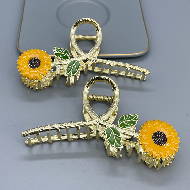 跨境新款滴油向日葵金属抓夹高级感花朵发夹后脑勺盘发鲨鱼夹发饰详情2