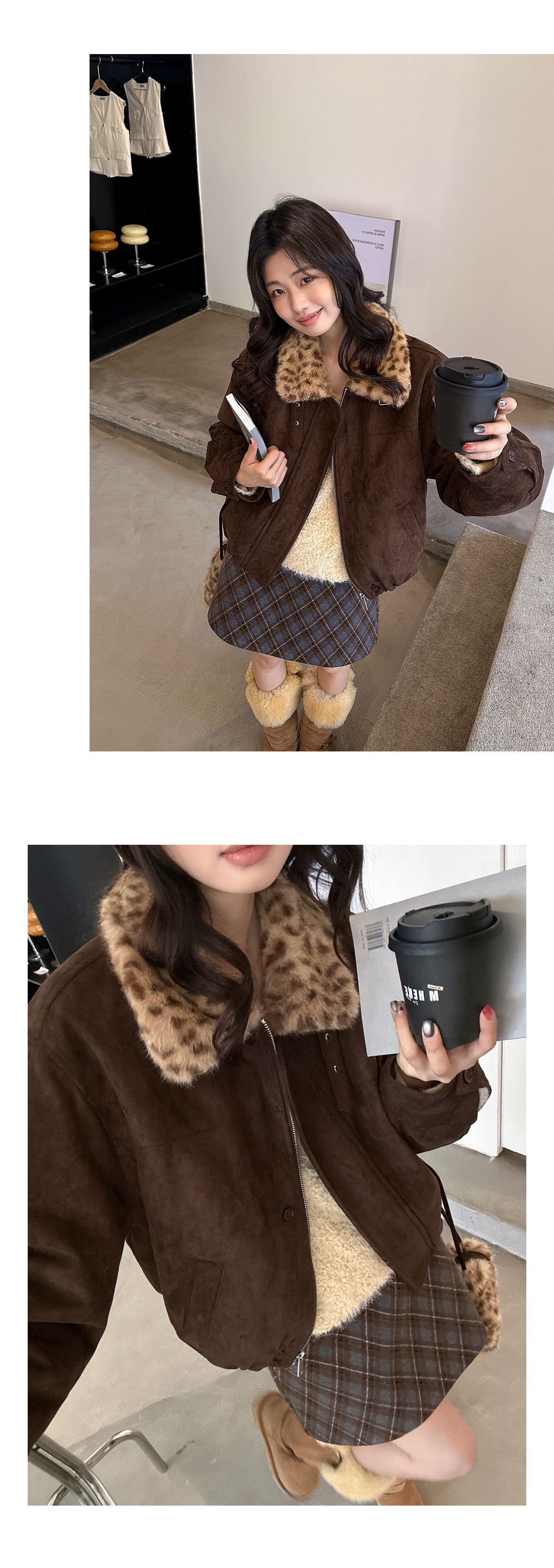 高级感麂皮拉链短款外套女冬季新款豹纹毛毛领宽松百搭保暖大衣详情15