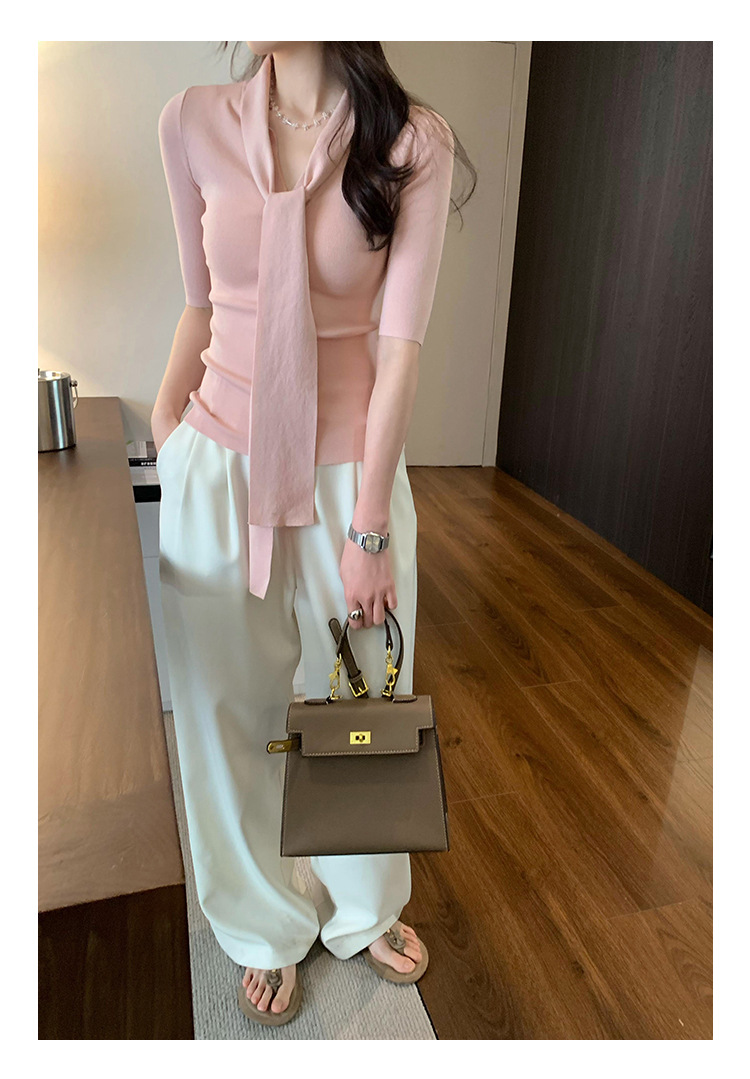 法式别致辣妹V领系带修身短袖针织衫女春夏2025新款气质显瘦上衣详情28