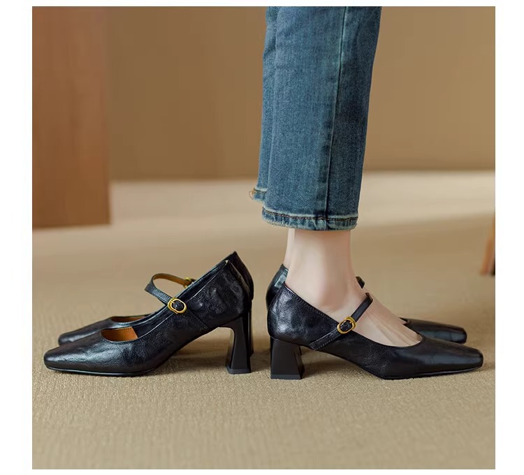 软羊皮黑色高跟鞋2025春秋新款法式复古粗跟一字带玛丽珍鞋女单鞋详情16