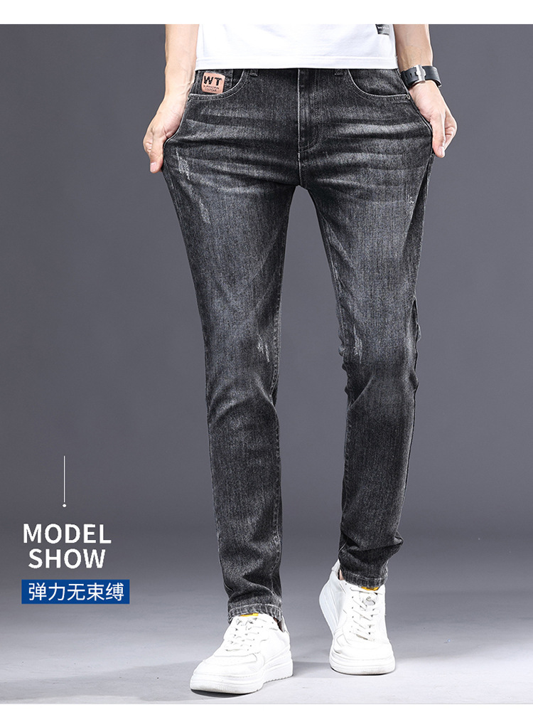 春夏款蓝色薄款直筒牛仔裤男士修身小脚弹力休闲潮流浅色长裤穿搭详情14