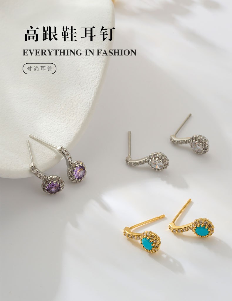 New light luxury round zircon stud earrings made of copper alloy with micro-inlaid zirconium in multiple colors are available. s925 silver needle high-end earrings pic 2