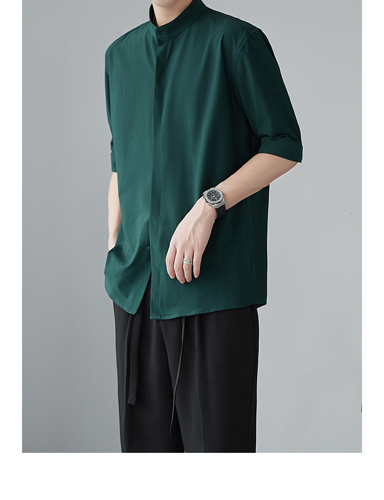 新中式立领中袖衬衫男夏季新款小众冰丝衬衣高级感垂感五分袖寸衫详情10