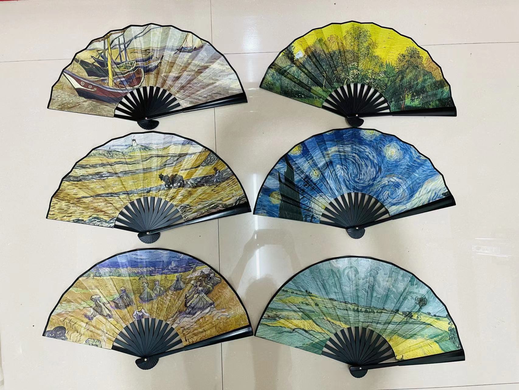 New oil painting series festival folding fans, popular hand fans in Europe and America, large fans, double-sided landscape printed fans pic 14
