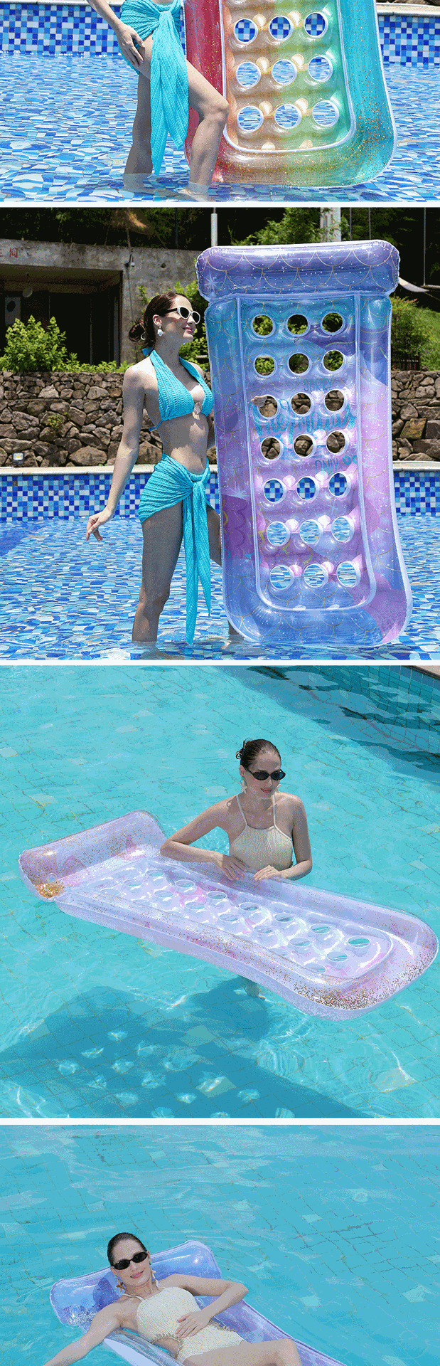 亚马逊专供水上充气浮排洞洞美人鱼泳池派对透明亮片充气浮床批发详情8