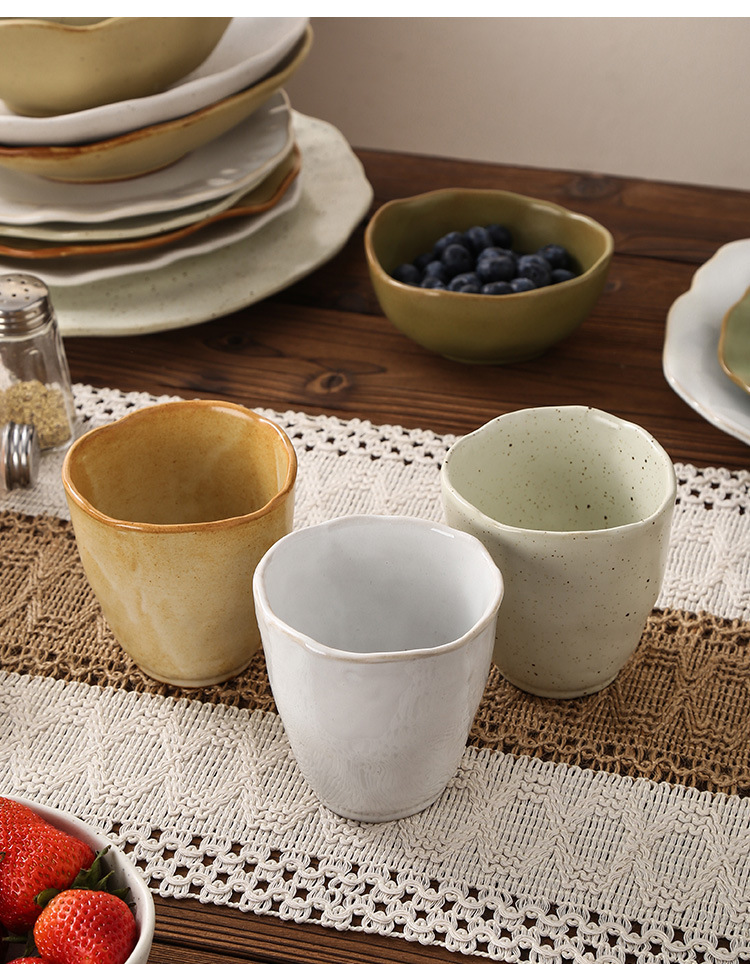 Retro-style rough pottery high-temperature resistant tableware, household vegetable plates, rice bowls, soup bowls, water cups, irregular-shaped kiln-transformed dinner plates, creative plating pic 18