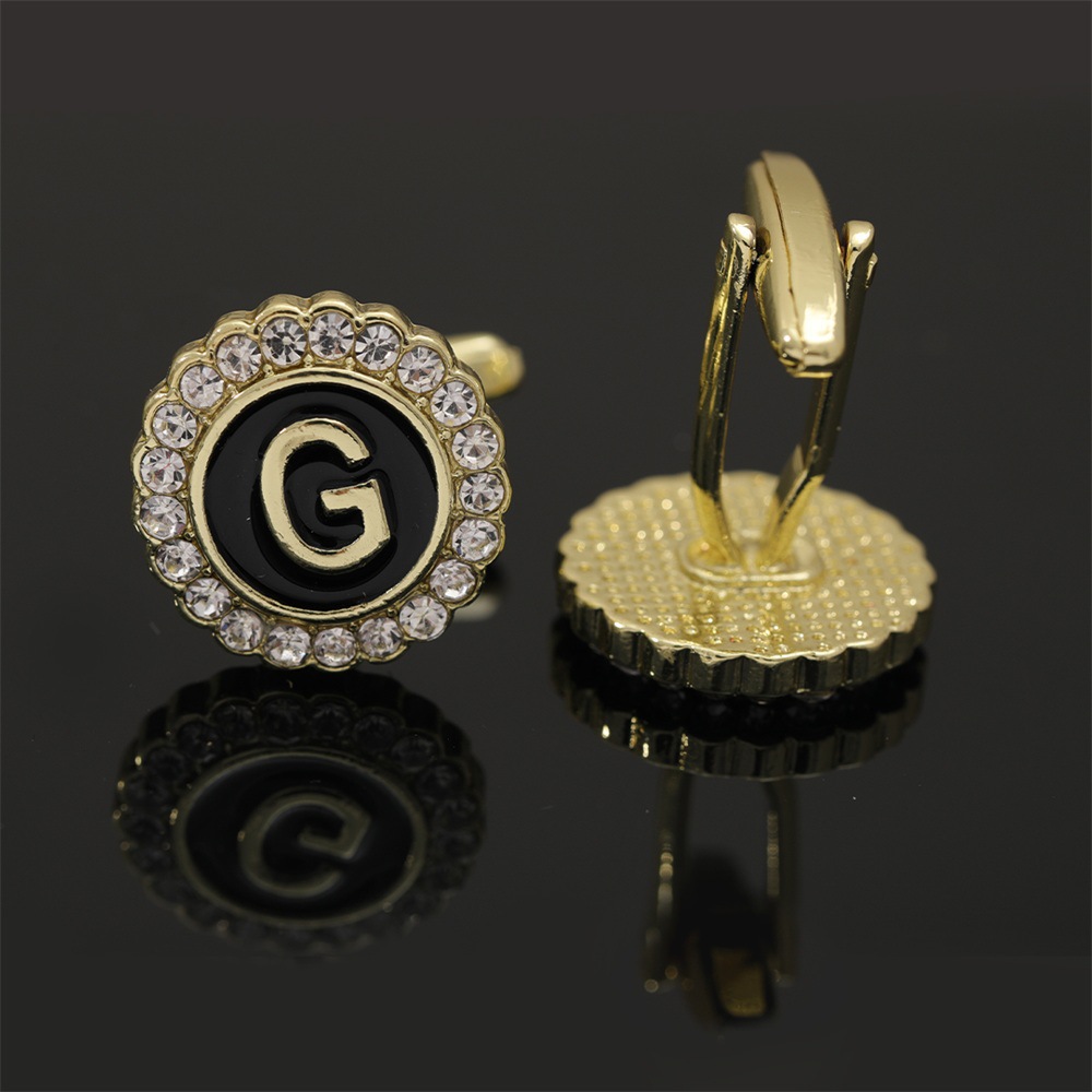 大写字母袖扣圆形镶钻袖钉合金滴油男士衬衫扣26英文字母A-Z配饰详情14