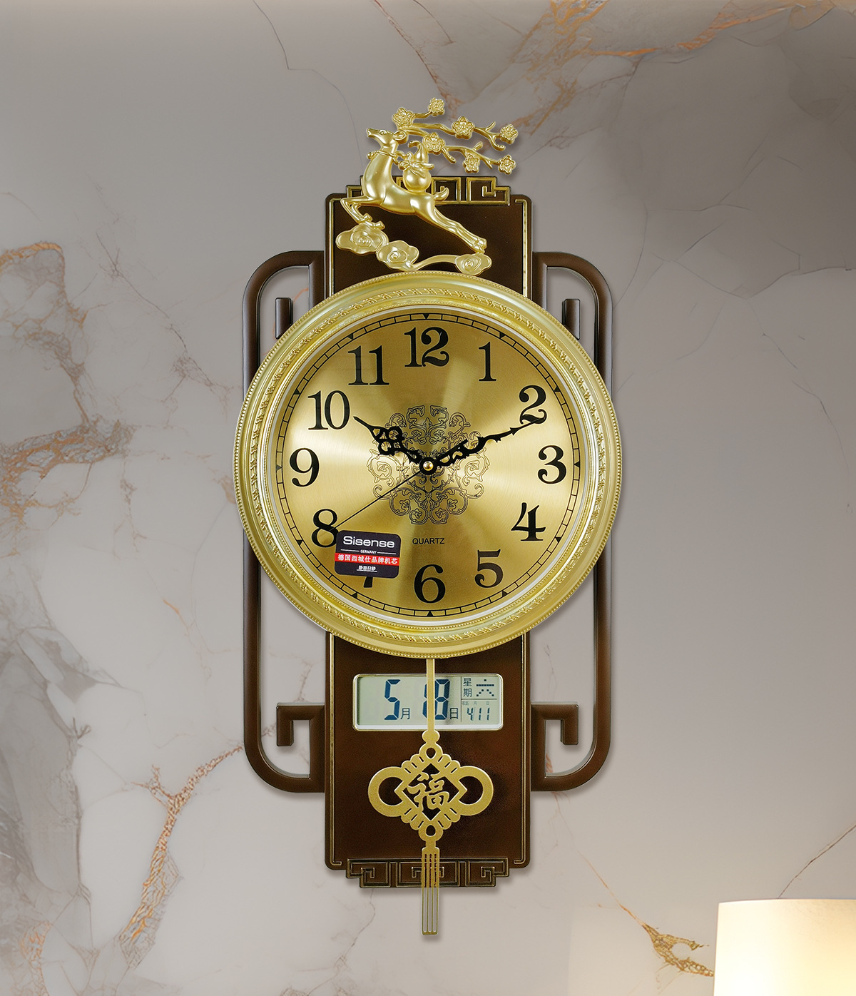 国潮新中式免打孔挂钟轻奢客厅家用钟挂墙塑料电波中国风钟表卧室时钟详情20