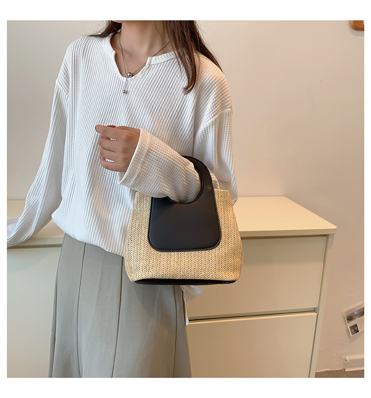 2023夏季复古撞色拼接草编包大容量手工编织包简约时尚单肩手提包详情13