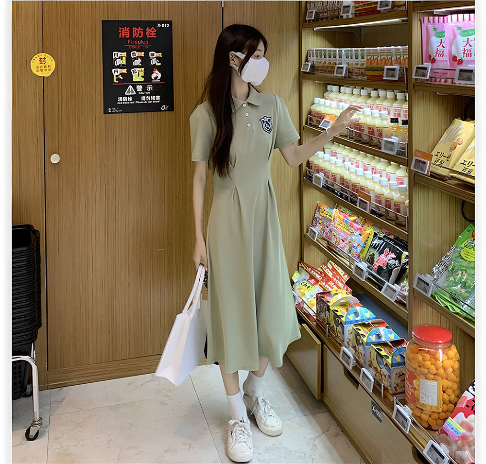夏季POLO领短袖连衣裙女收腰显瘦过膝长裙学院风中长款休闲A字裙详情11