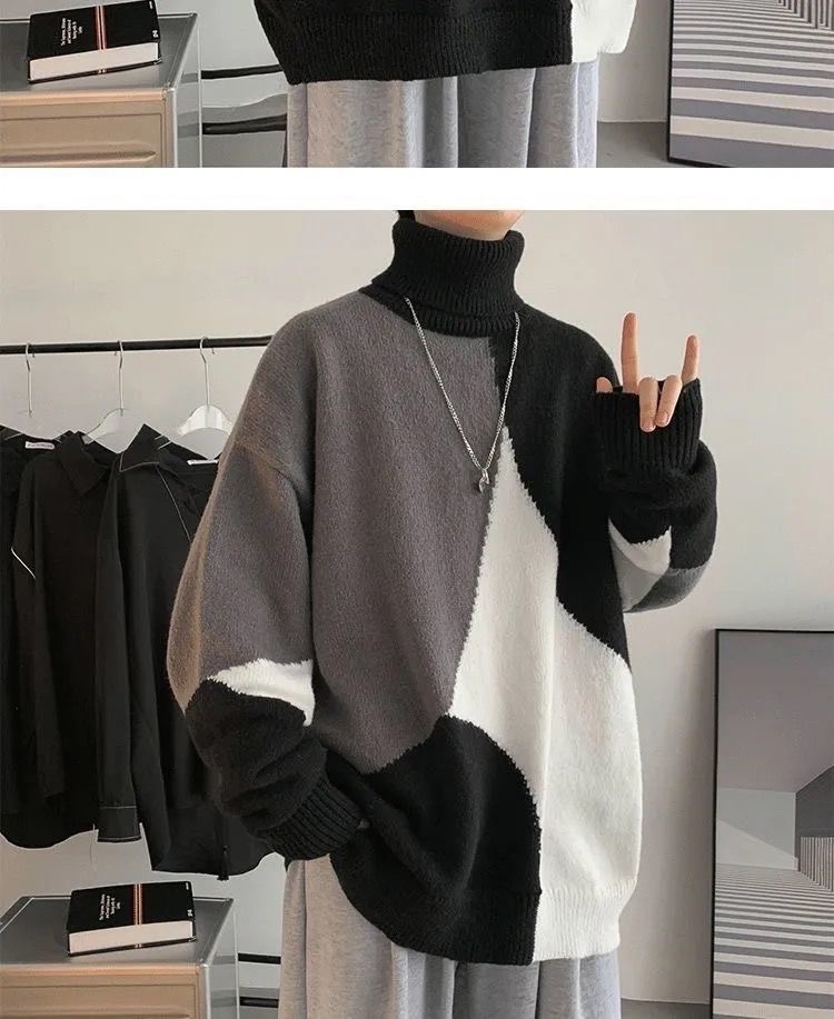 High-neck sweater for men, Hong Kong-style knitted sweater for both men and women, thick, trendy, loose and laid-back sweater for men in winter pic 11