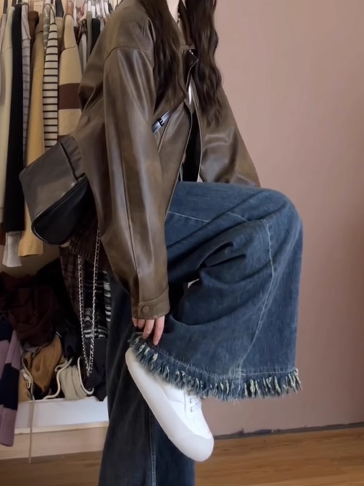 梨形身材垂感毛边牛仔裤女秋天薄款大码胖显瘦宽松高腰阔腿裤子XH详情3