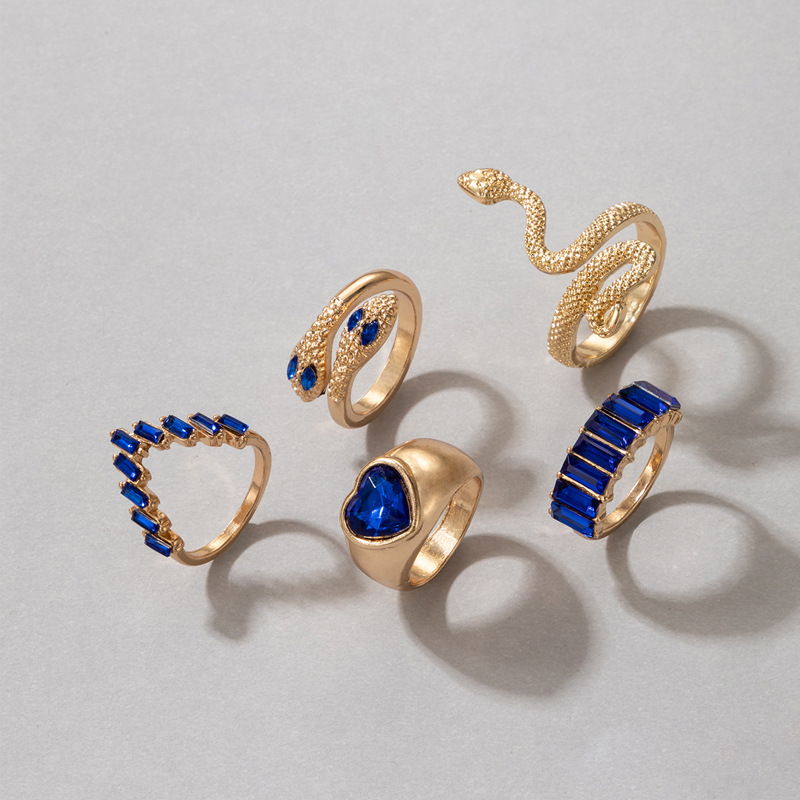 欧美流行饰品戒指手饰 蛇形爱心仿绿宝石镶钻ins风五件套戒指女详情11