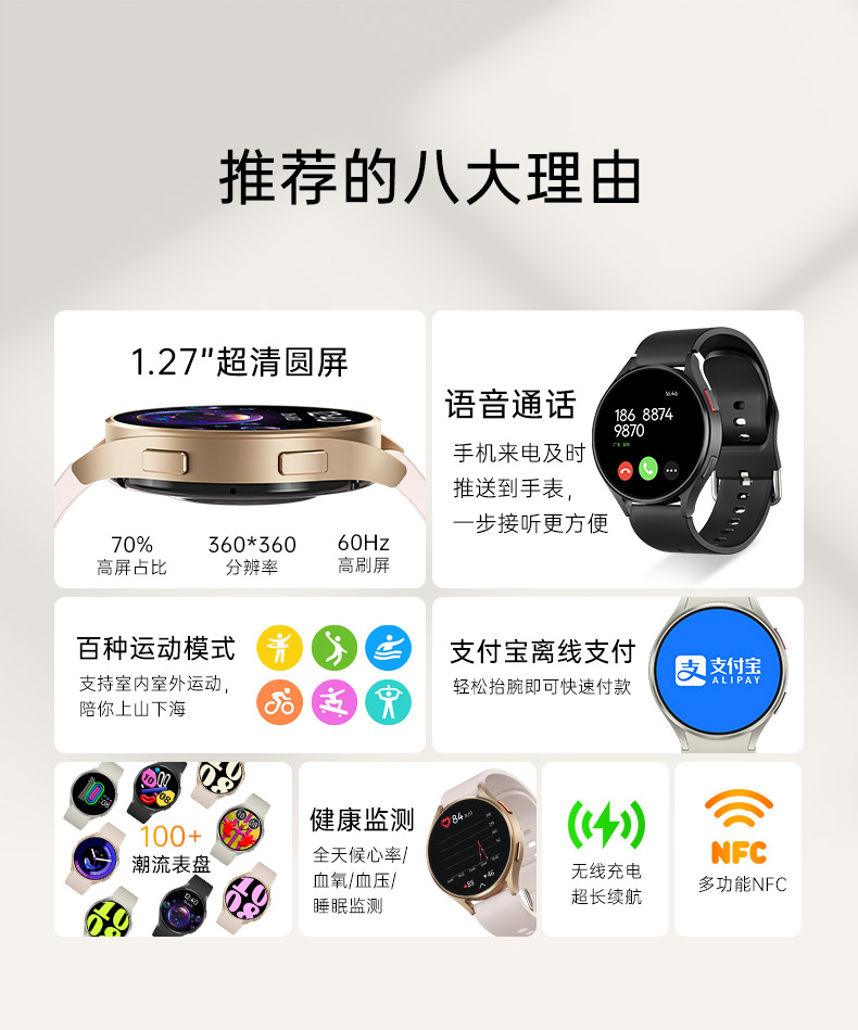 亚马逊跨境热销WATCH6 mini运动百搭智能手表健康提醒密码锁屏NFC详情2