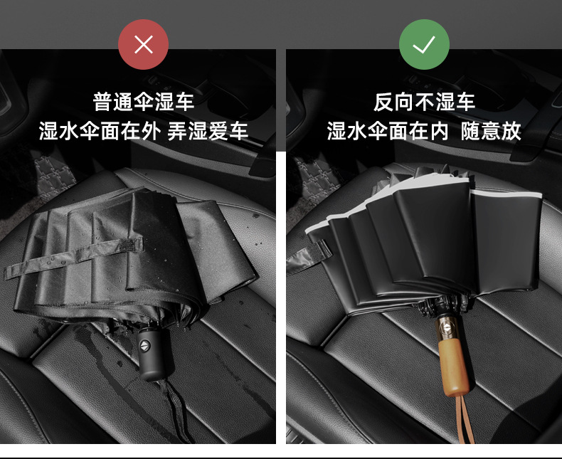 新款十骨双龙骨黑胶古铜拉丝反向伞配色手柄三折晴雨伞礼品伞印lo详情15