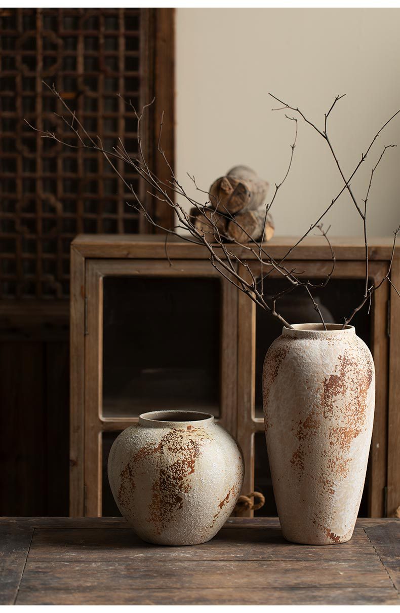 新中式侘寂风装饰品摆件斑驳老旧粗陶罐玄关电视柜插花陶瓷大花瓶详情6