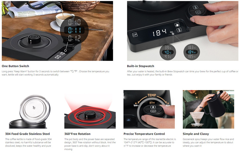 Gooseneck Kettle crossover e-commerce 2025 smart thermostat boca fina hervidor eléctrico cafetera tetera de cuello de cisne pic 12
