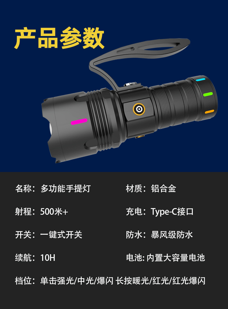 白激光工作灯伸缩变焦大功率手电筒炫彩荧光警示维修灯汽持久续航详情1
