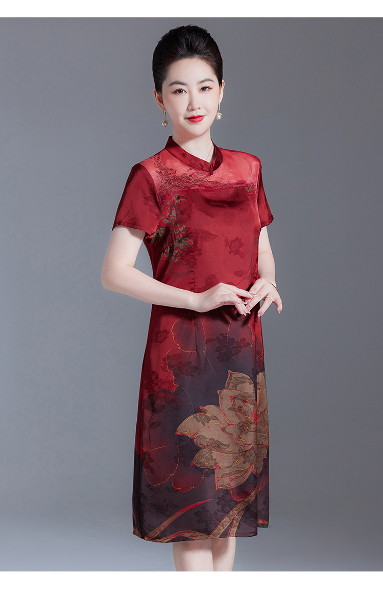 真丝连衣裙2024夏季新款桑蚕丝短袖新中式旗袍领中长裙中年妈妈裙详情12