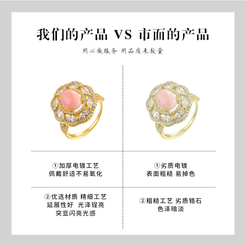 Luxurious and high-end pink Queen shell open ring, copper alloy, real gold electroplated with zircon, exquisite adjustable ring pic 12