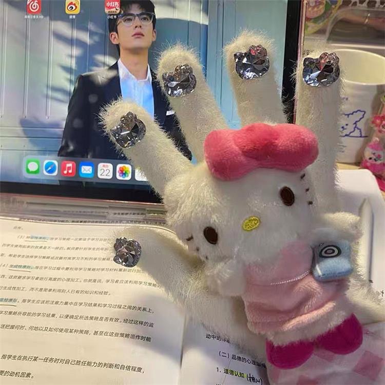 HelloKitty water diamond cute plush gloves for autumn and winter, Kitty Cat doll, warm knitted five-fingered gloves for girls pic 29