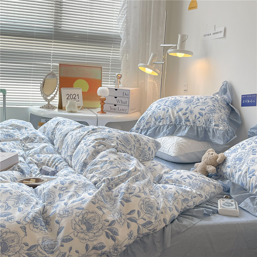 French Hepburn style pure cotton four-piece set, high-end feel, pure cotton black and white sketch flower duvet cover, all-cotton edge bedding pic 52