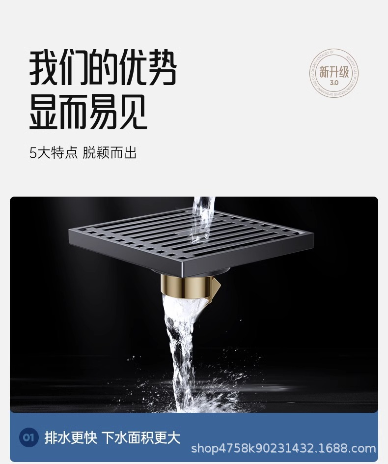 不锈钢密封防臭地漏卫生间下水道地漏厨房浴室洗衣机排水方形地漏详情3