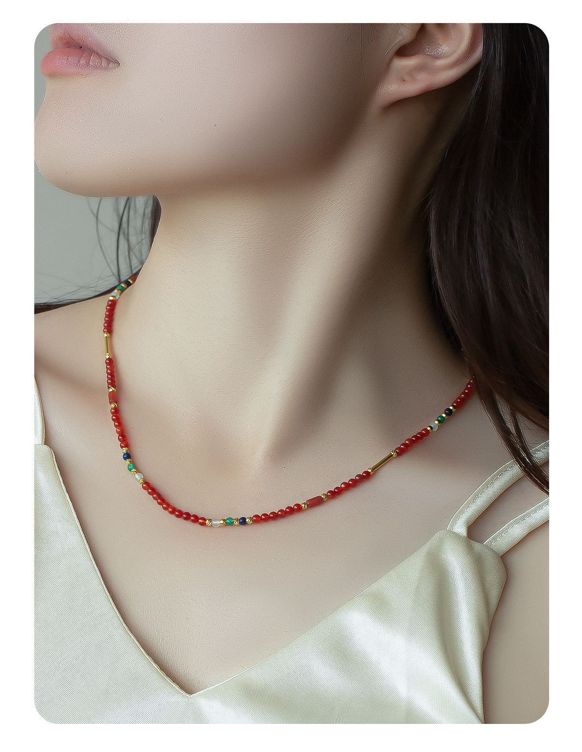 新款天然石彩色串珠项链 简约夏季小清新甜酷混色串珠锁骨链项链详情6