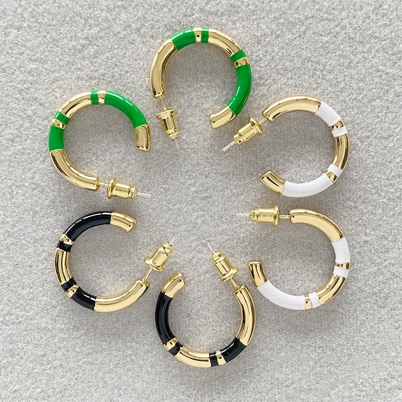 C形珐琅圈圈拼接耳环女法式轻奢小众设计感复古气质银针撞色耳圈详情30