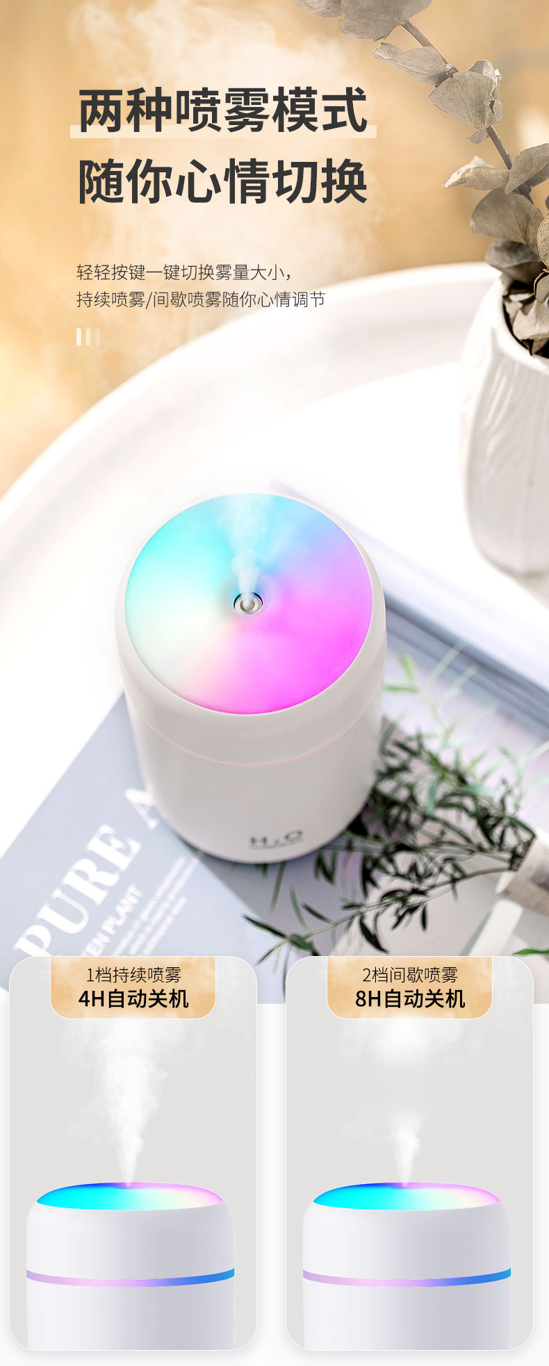 七彩夜灯USB室内空气加湿器插电车载氛围灯迷你香薰机喷雾器厂家详情11