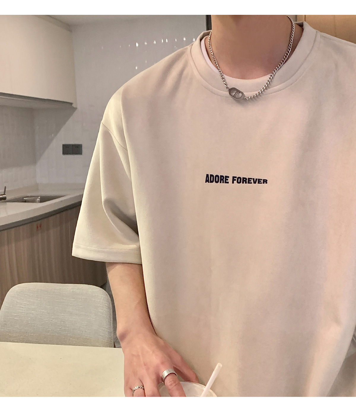 Avocado Green 320g heavyweight T-shirt for men, American retro suede short-sleeved, oversized small collar, three-quarter sleeve pic 29