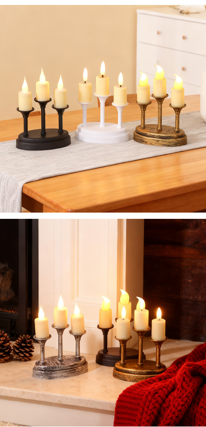 Retro three-headed LED electronic candle lamp, Nordic InS-style home decoration candlestick ornament, realistic romantic atmosphere lamp pic 6