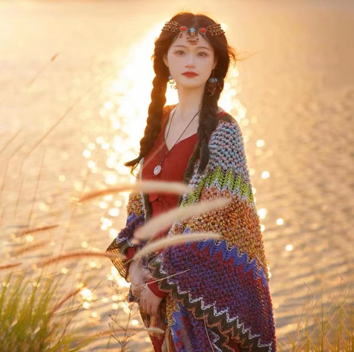 国潮披肩女民族风旅游特色云南大理西藏针织外搭斗篷披风围巾详情3