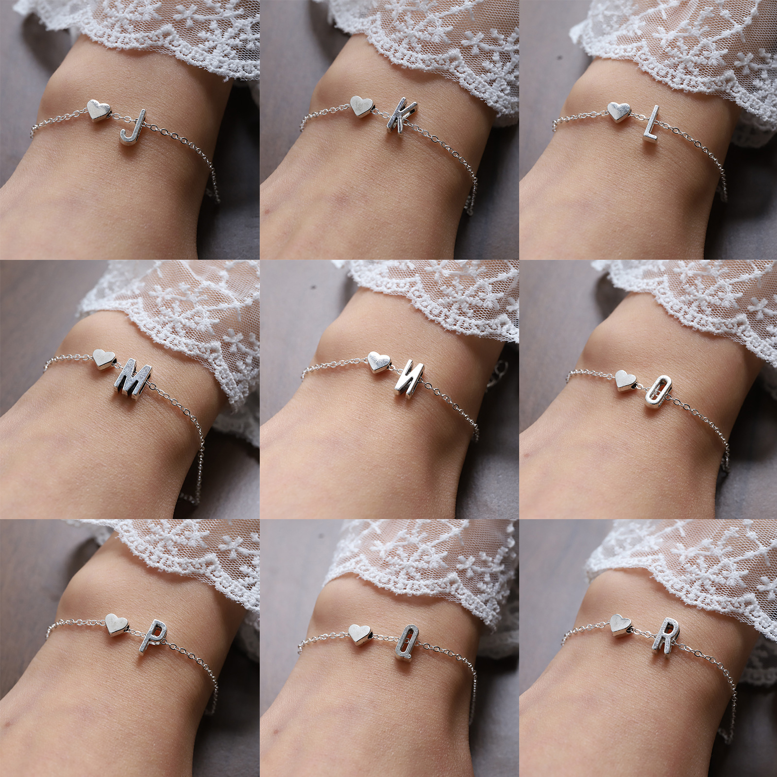 欧美跨境26个英文字母手链女个性气质合金心形字母手环手镯批发详情7