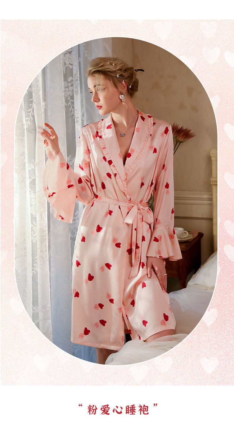 Home pink and tender ice silk pajamas, heart-shaped satin bathrobes, home wear, bride and bridesmaid group morning gowns, 529 V-neck, can be worn outside pic 5