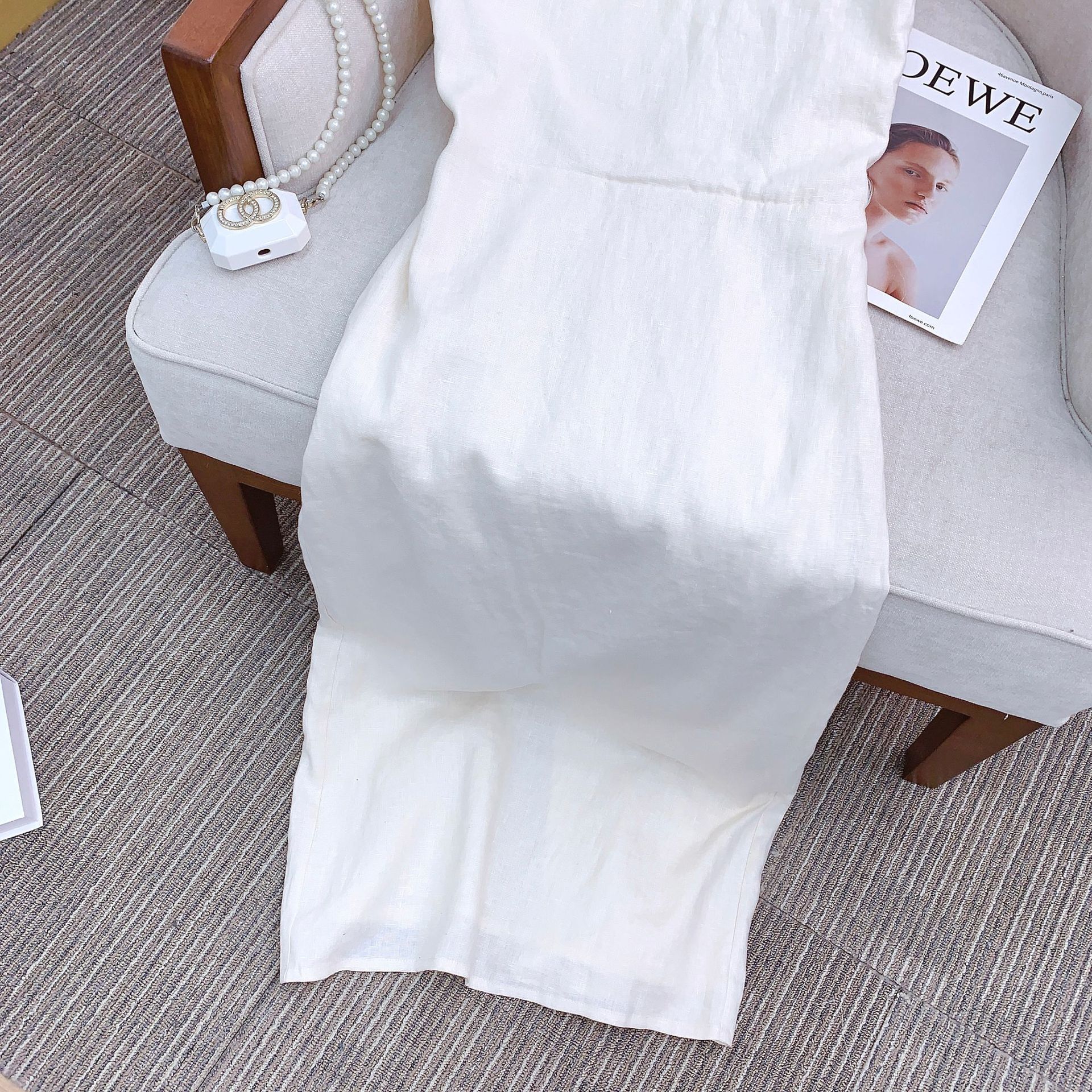 High-count pure linen French vacation-style design off-the-shoulder dress, new Chinese-style dress in stock pic 8