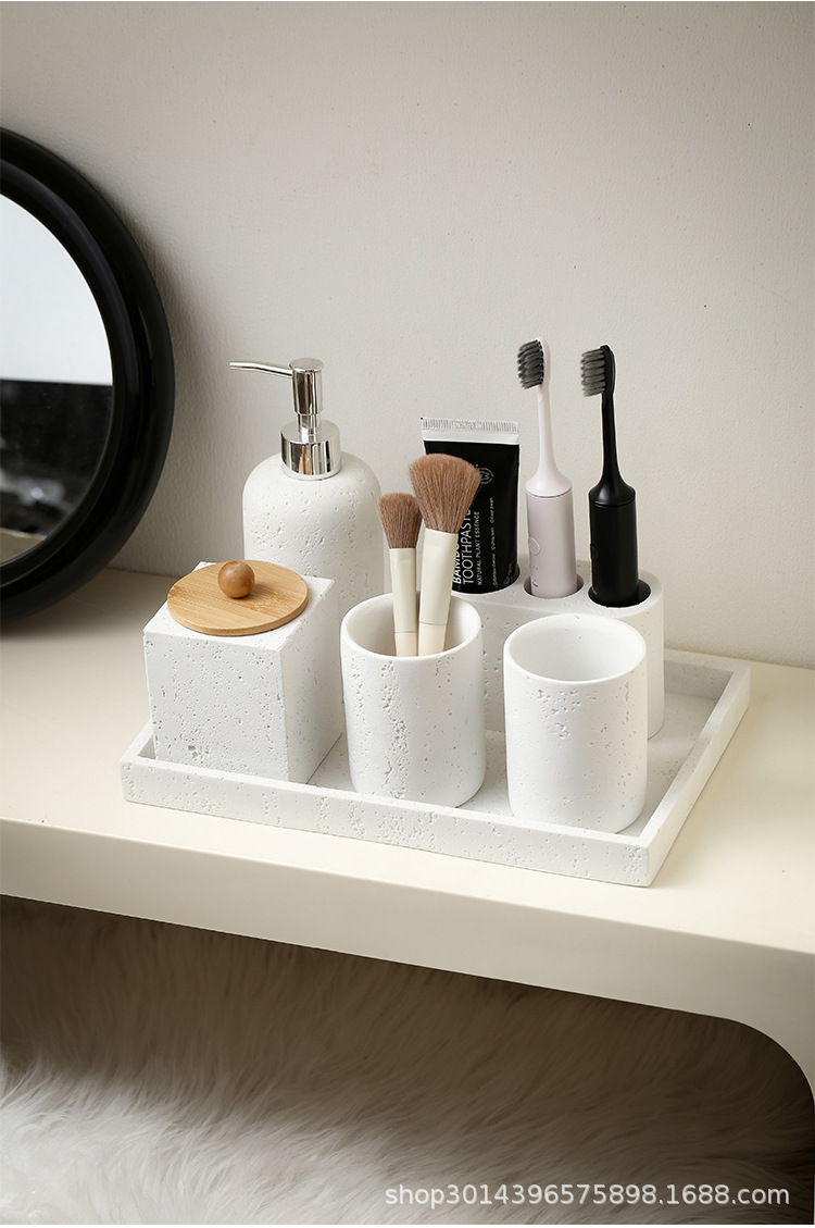 Wabi-sabi wind Tunnel Stone Storage seven-piece set: mouthwash cup, toothbrush holder, lotion bottle, perfume bottle, soap dish tray, washbasin pic 3