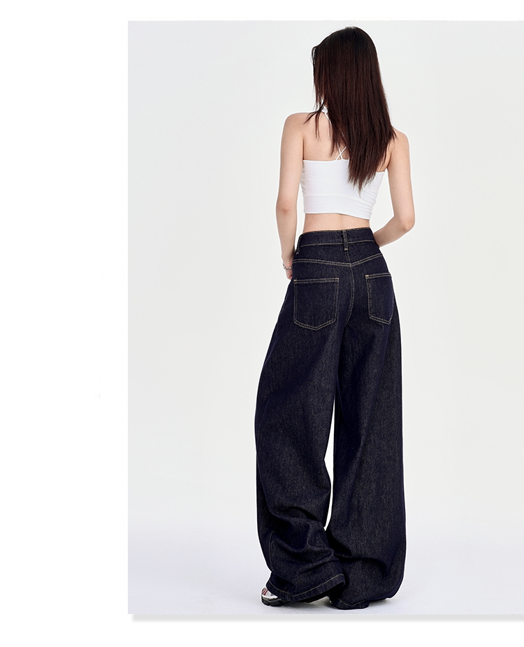 深蓝美式宽松阔腿牛仔裤女2025年夏季新款垂感慵懒休闲拖地直详情21