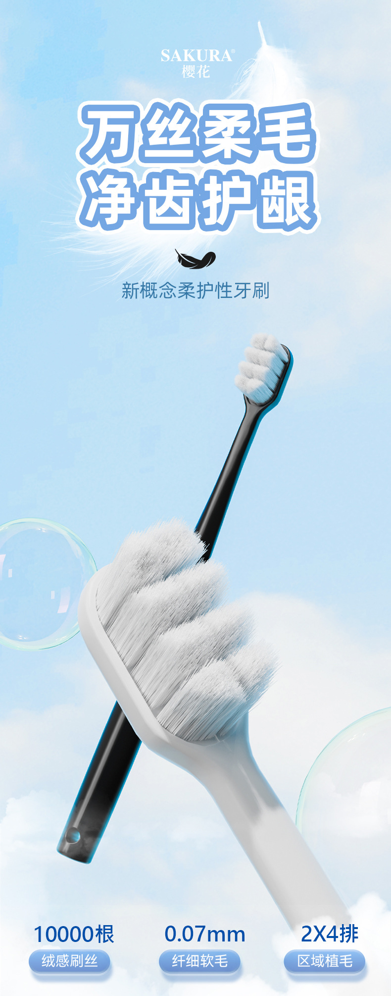 超纳米护龈万根毛超细密软毛家用成人牙刷1支装情侣樱花软毛牙刷详情5