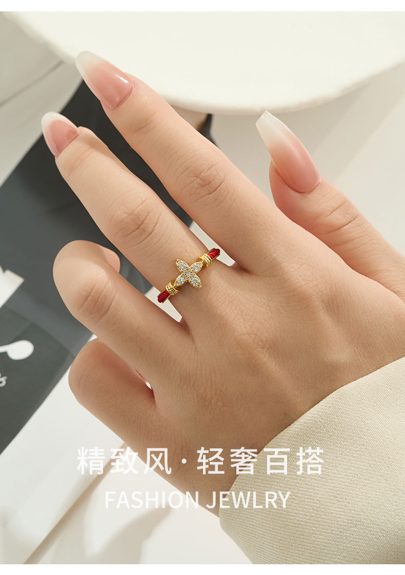 Original design: Red string starlight open ring, copper alloy, real gold electroplated with zircon, adjustable index finger ring pic 7