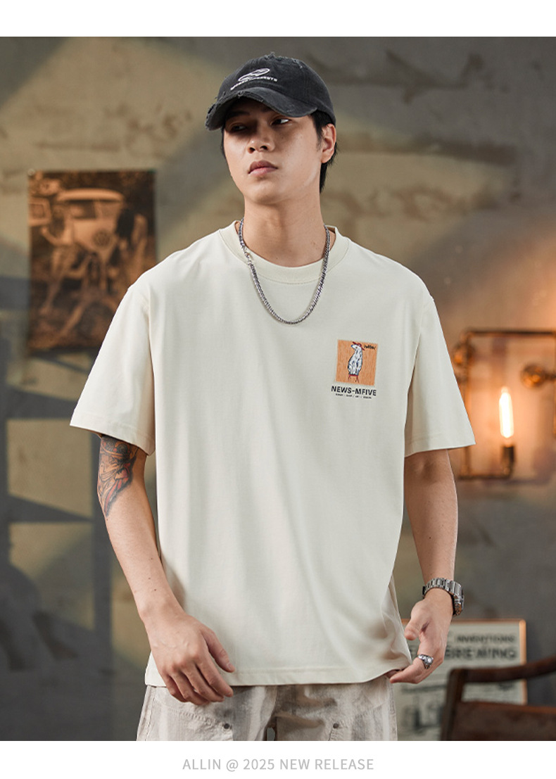 ALLIN 卡通印花短袖T恤男夏季美式重磅宽松百搭圆领五分半袖上衣详情10