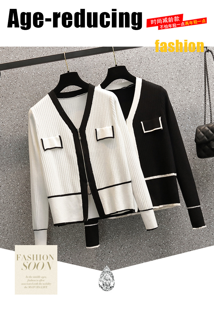A 200-pound large-sized chanel-style knitted cardigan for early autumn, a V-neck double zipper loose, waist-cinching and slimming base layer for women pic 1