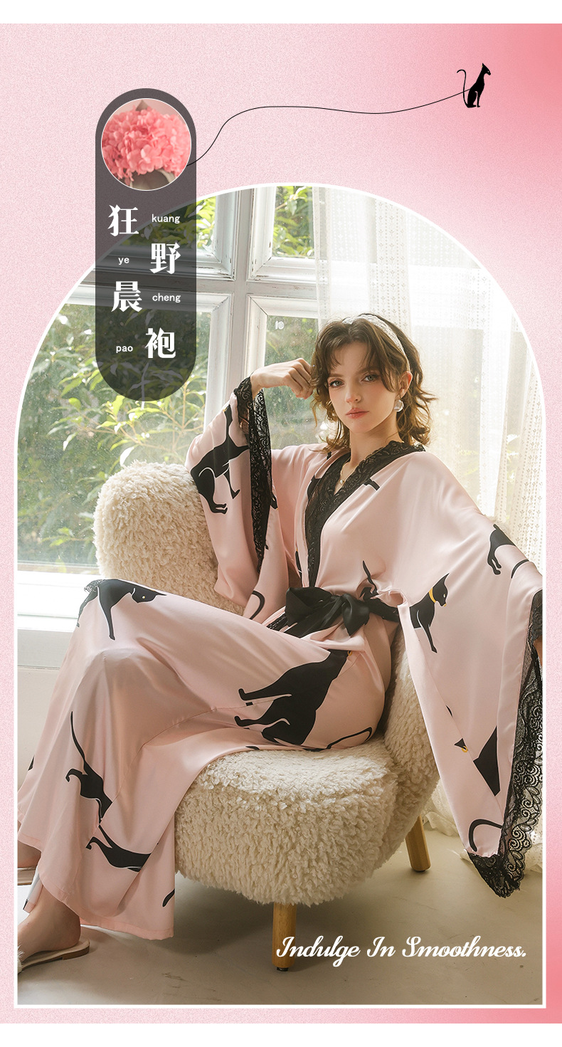 Feiyun retro leopard print lace patchwork sexy long bathrobe Pink silk lace-up Home gown 943 pic 3