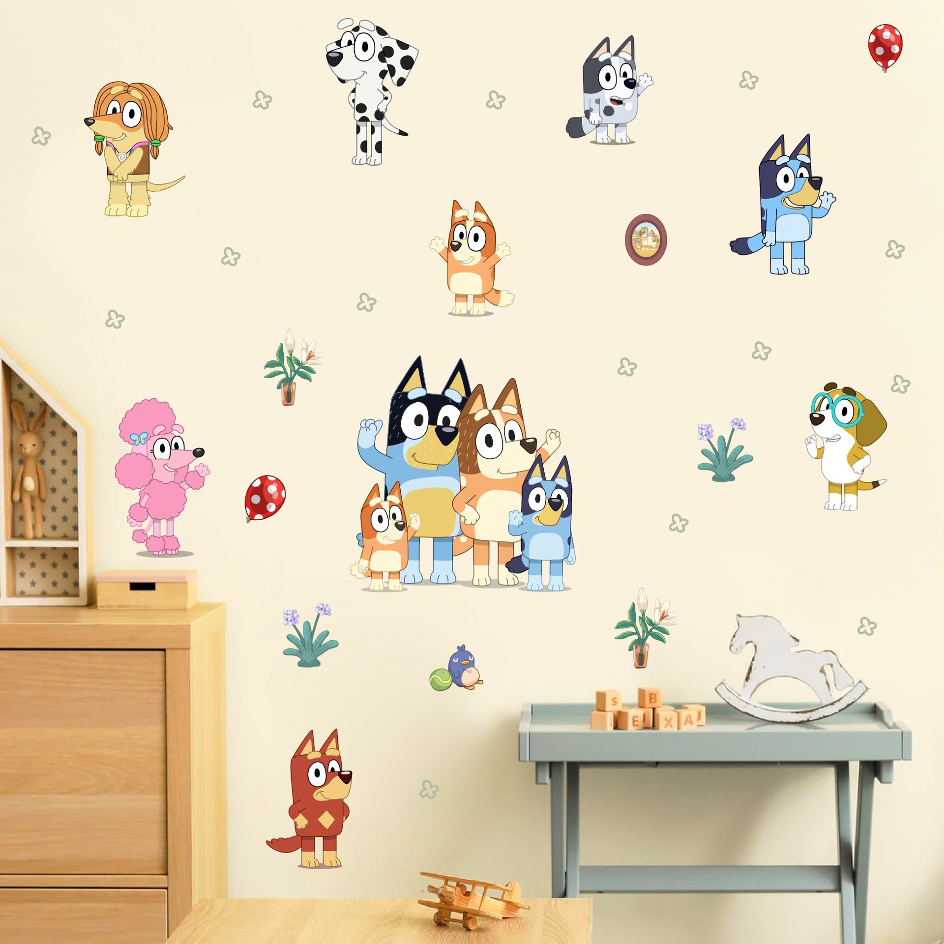 跨境Bluey儿童房装饰自粘墙贴可爱卡通动画布鲁伊防油遮痕pvc贴画详情6