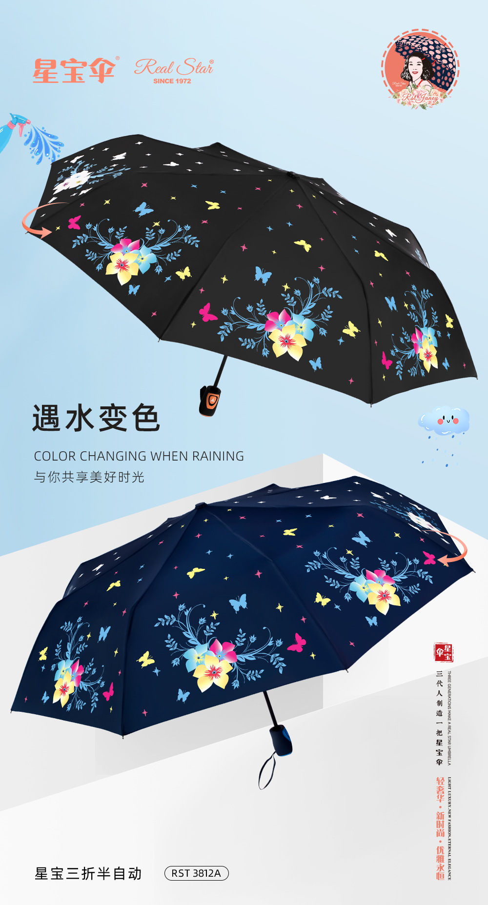 跨境外贸折叠自动伞趣味遇水变色花朵雨伞21寸伞具批发工厂货源详情3