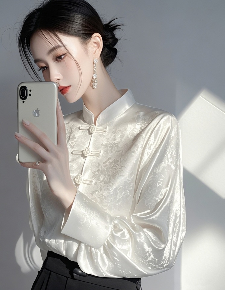 国潮新中式国风内搭打底衫女2025早春高级感轻奢减龄洋气白色提花衬衫详情2