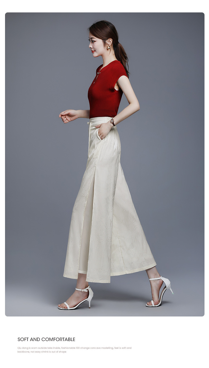 国潮新中式开叉提花冰丝阔腿裤女夏季薄款高腰垂感宽松妈妈休闲裤裙裤国潮详情11