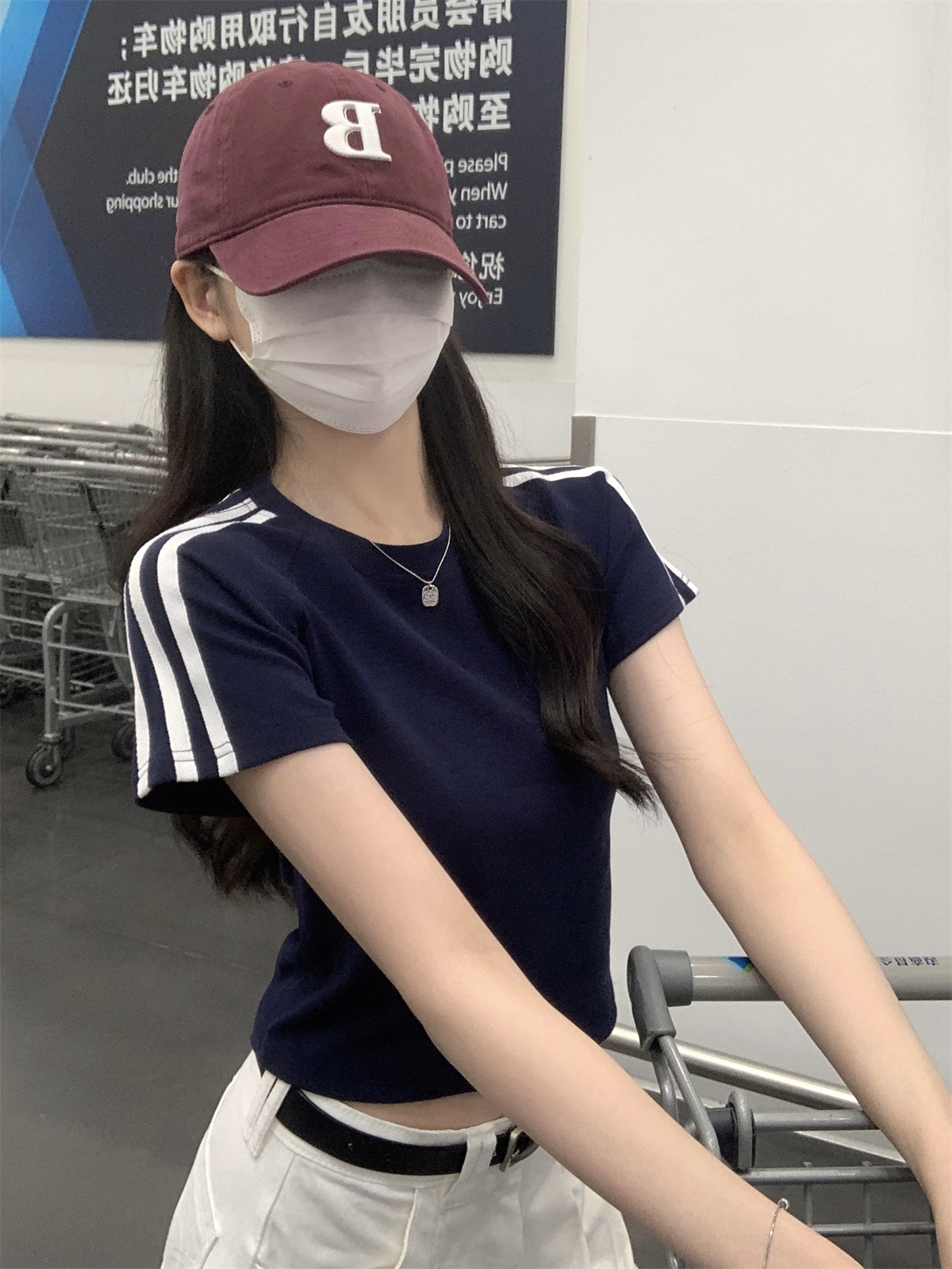 美式2024夏季新款韩版圆领修身插肩杠条显瘦百搭短袖T恤女装上衣详情6