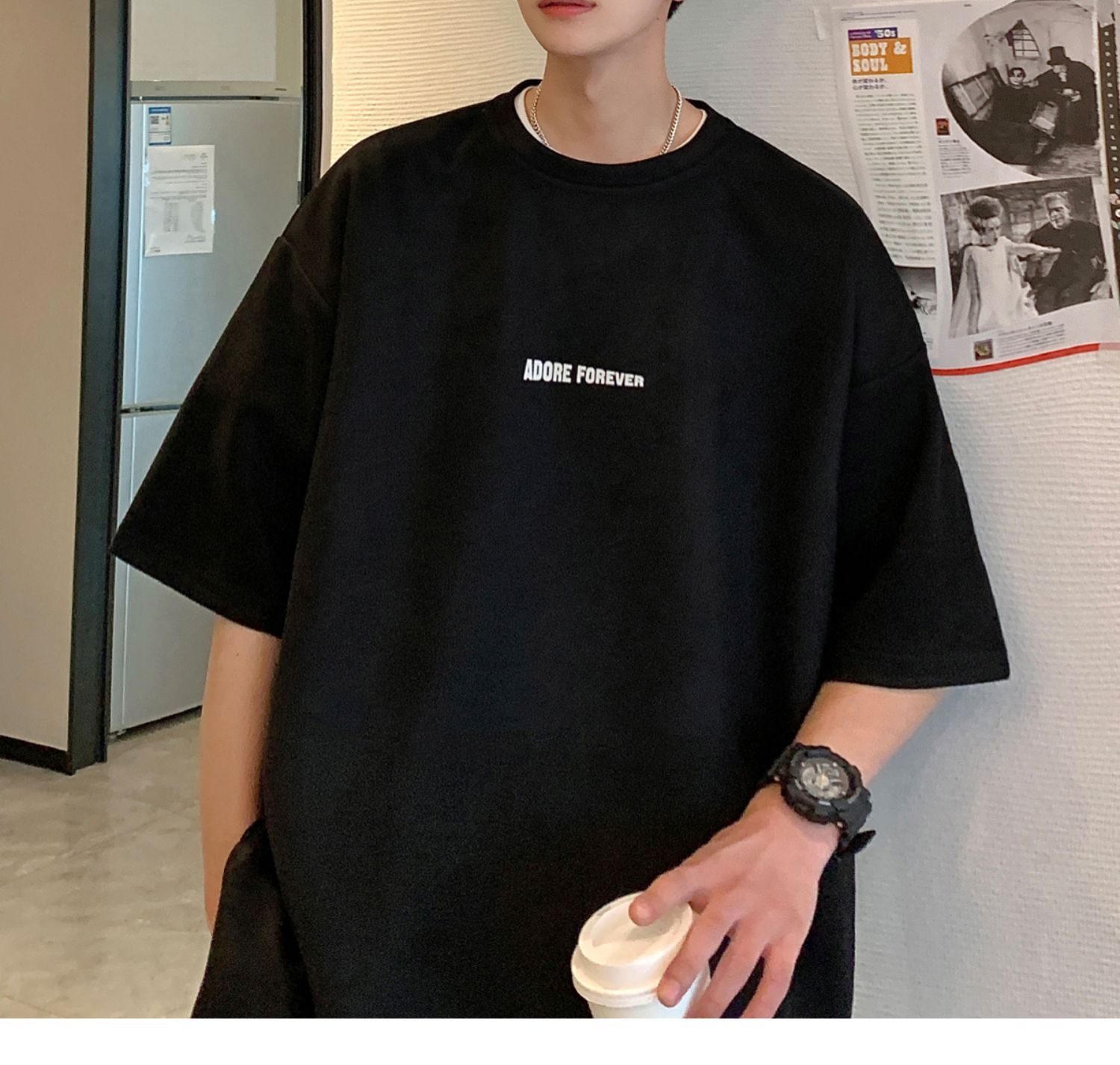 Avocado Green 320g heavyweight T-shirt for men, American retro suede short-sleeved, oversized small collar, three-quarter sleeve pic 10